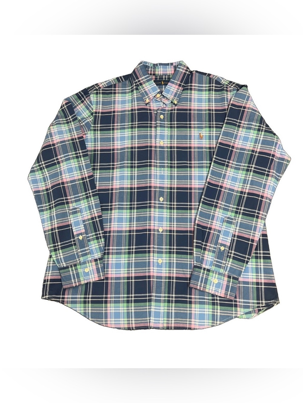 Ralph Lauren Navy Plaid Button-Down Shirt with Pink and Green Accents
